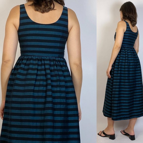MARA HOFFMAN Designer Blue & Black Striped Scoop Neck Full Skirt Midi Dress! S - Picture 2 of 8